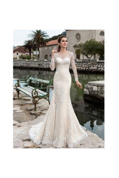 Long-Sleeve Lace Mermaid Gown with Illusion Neckline for Formal Events