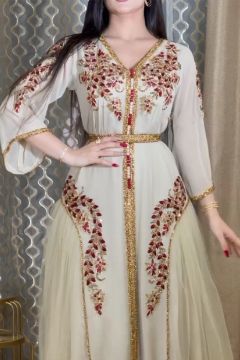 Ivory Floral Embroidered Maxi Dress with Gold Detailing