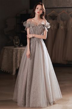 Silver Lace Off-Shoulder Ball Gown with Floral Detailing – Perfect for Weddings and Formal Events