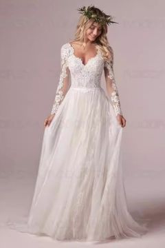 Long-Sleeve V-Neck Lace Tulle Gown with Long Train for Wedding Events
