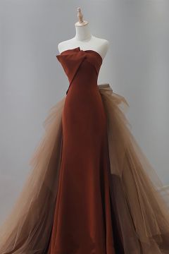  Elegant Rustic Brown Off-Shoulder Evening Gown - Luxe Tulle Ball Gown with Fluffy Bow for Engagement and Formal Events