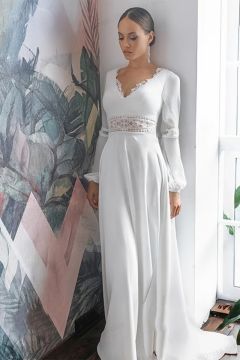 V-Neck Long Sleeve Lace Trim Gown with Long Train for Formal Events