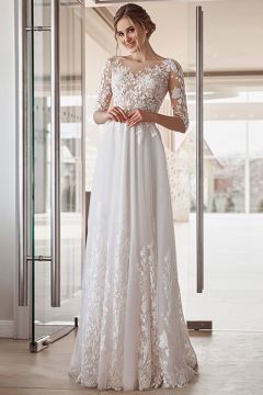 Lace-Overlay A-Line Gown with Illusion Neckline for Formal Events