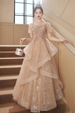 Champagne Bow Tiered Tulle Ball Gown – Perfect for Weddings and Formal Occasions