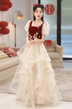 Romantic Burgundy Velvet and White Tulle Gown with Floral Embroidery – Perfect for Weddings and Formal Occasions