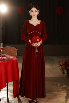 Crimson Velvet Long-Sleeve Gown with Lace Detail – Perfect for Weddings and Formal Events