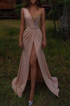 One Shoulder Sparkling Nude Evening Gown with High Slit
