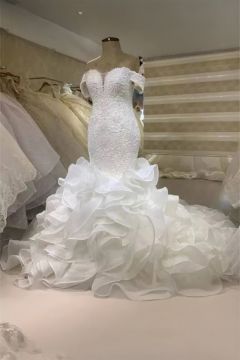 Off-the-Shoulder Beaded Mermaid Gown with Ruffled Long Train for Formal Events