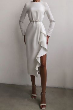 White Ruffle Detail Long-Sleeve Midi Dress