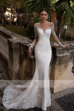 Long-Sleeve Lace Mermaid Gown with Long Train for Formal Events