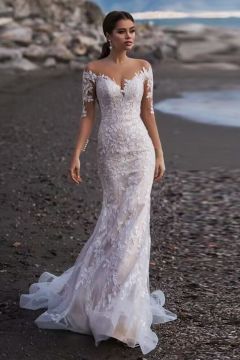 Lace Off-the-Shoulder Mermaid Gown with Long Train for Beach Weddings