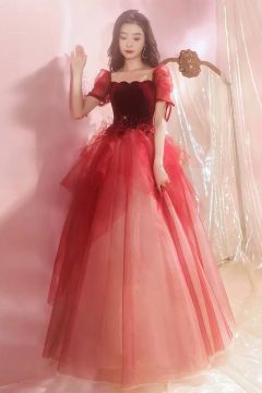 Romantic Rose – Puffy Sleeve Velvet Tulle Ball Gown with Scalloped Neckline