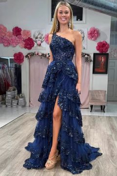 One-Shoulder Sequin Tiered Gown with High Slit and Long Train for Formal Events