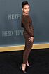 Logan Browning Inspired Brown Off-the-Shoulder Ruched Column Midi Dress - additional reference image 2