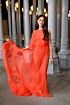 Eiza Gonzalez Inspired Orange Round Neck Pleated Slit Column Evening Gown - additional reference image 2