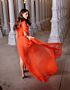 Eiza Gonzalez Inspired Orange Round Neck Pleated Slit Column Evening Gown - additional reference image 5