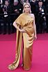 Isabella Ferrari Inspired Gold One-Shoulder Draped Slit Column Evening Gown - main reference image
