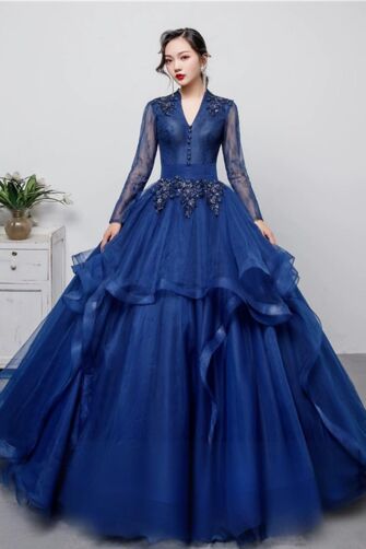 V-Neck Lace Bodice, Beaded Waist, Tiered Tulle Skirt