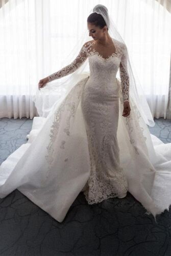 Long-Sleeve Lace Mermaid Gown with Detachable Train for Wedding or Formal Events