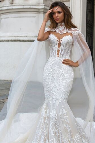Lace Mermaid Gown with Cape and Long Train for Formal Events