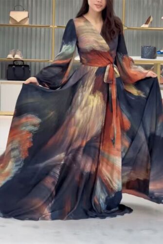 Long Sleeve Watercolor Print Maxi Dress