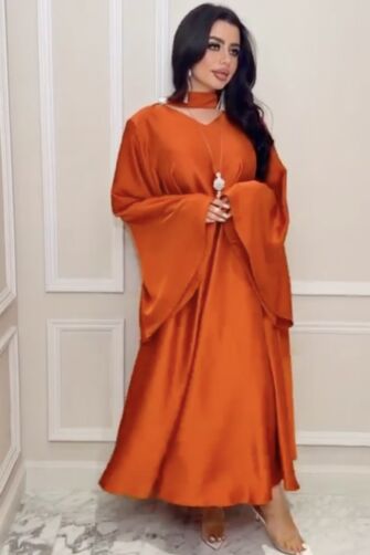 Rust Orange Satin Maxi Dress with Bell Sleeves for Elegant Occasions