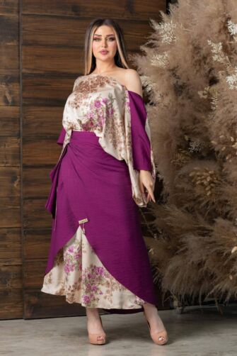Floral Off-Shoulder Satin and Wrap Skirt Ensemble for Elegant Occasions