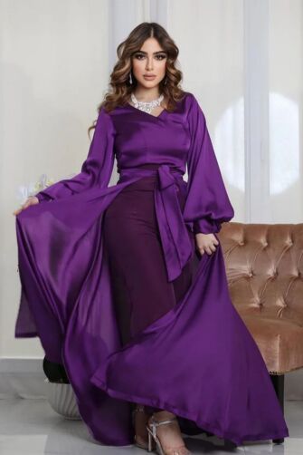 Royal Purple Satin Wrap Dress with Belt and Flowy Design for Formal Events
