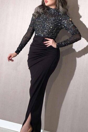 Black Beaded Mock Neck Ruched Skirt Evening Gown