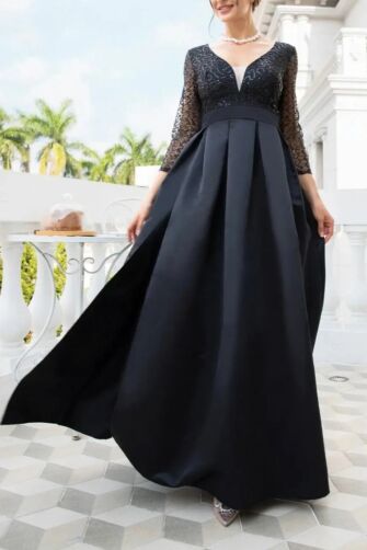 Black Sequined V-Neck A-Line Evening Gown