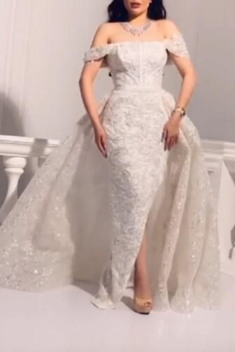 White Off-the-Shoulder Lace Overlay Evening Gown