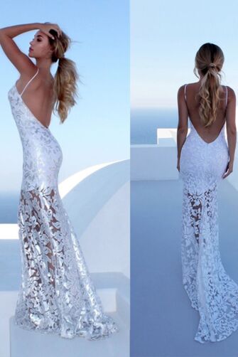 White Lace Halter Neck Mermaid Evening Gown