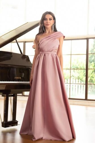 Dusty Rose One-Shoulder Satin Evening Gown