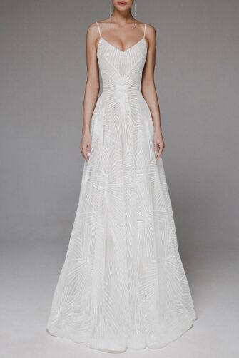 Geometric Beaded Spaghetti Strap A-Line Gown