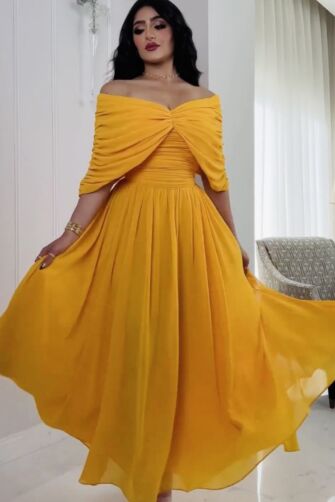 Golden Off-Shoulder Flowing Midi Dress