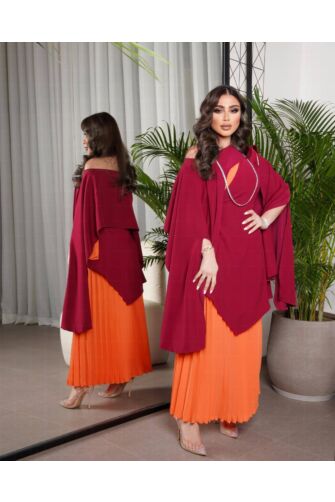 Dual-Tone Burgundy and Orange Pleated Maxi Dress for Chic Occasions