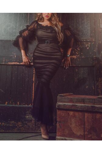 Black Sheer Mesh Trumpet Dress with Belted Waist