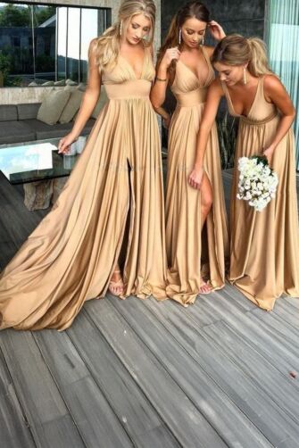 Deep V-Neck Satin A-Line Gown - Perfect for Bridesmaids, Proms, and Formal Events