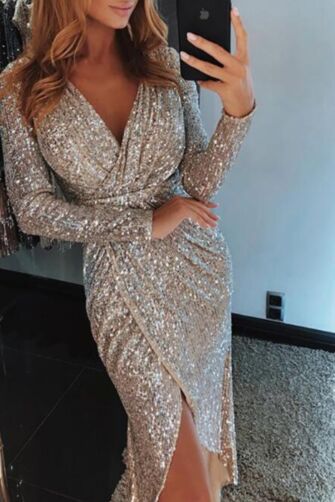 Silver Sequined Wrap Dress with High Slit - Perfect for Night Out and Party Wear