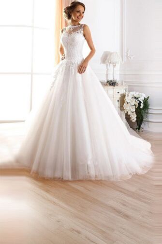 Illusion Neckline Lace Tulle Ball Gown with Long Train for Wedding Events