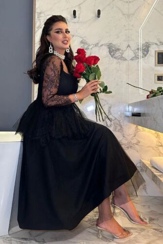 Black Lace Peplum Midi Dress with Sheer Sleeves