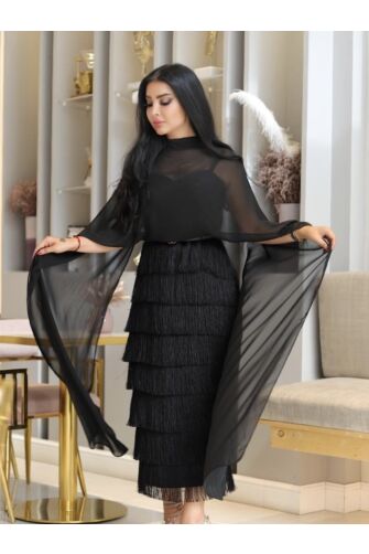 Chic Black Sheer Cape Top and Layered Fringe Skirt Set for Glamorous Evenings