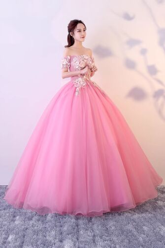 Blossom Whisper – Floral Off-Shoulder Gown