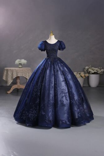 Midnight Elegance – Navy Blue Embroidered Ball Gown with Puff Sleeves