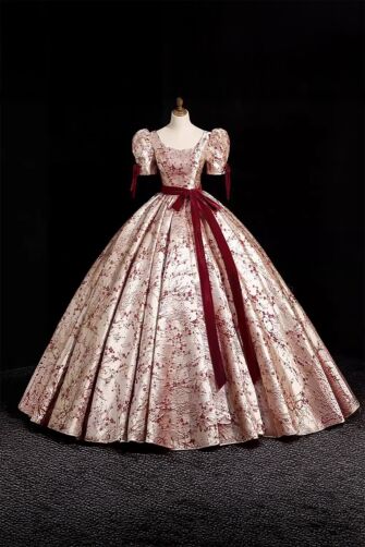 Crimson Blossom – Vintage Brocade Ball Gown