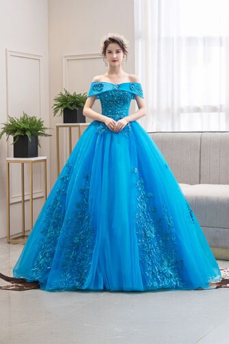 Azure Whisper – Off-Shoulder Embroidered Gown