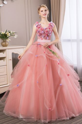 Floral Symphony – Coral Pink Tulle Gown