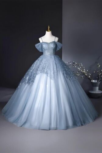 Starlit Whisper – Dusty Blue Sequin Gown