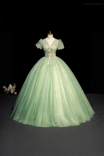 Meadowlight – Light Green Tulle Ball Gown with Sparkling Details