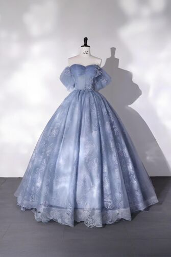 Blue Whisper – Floral Embroidered Ball Gown